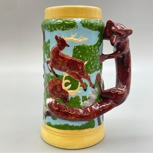 Vintage Hand Painted Glazed Ceramic German Style Beer Stein w/ Forest Fox handle